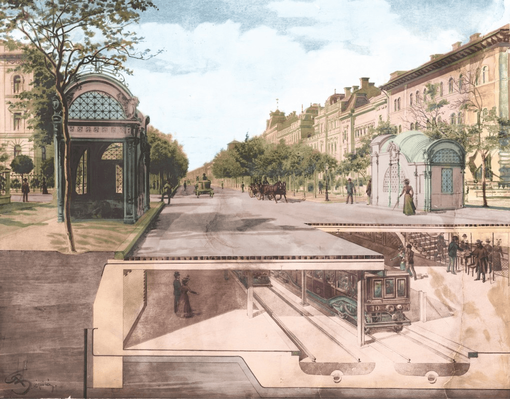 Arkivfoto av en M1-vogn på Vörösmarty tér-stasjonen, ca. 1896.