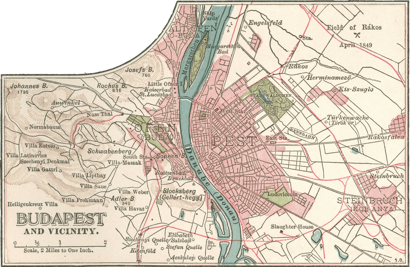 Historisk bykart fra 1870-årene der Budas festningsside og Pests rutenett møtes på hver sin bredd av Donau.