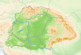 Illustrasjon av Karpatbekkenet med tverrsnitt av terreng, elven og de tidlige magyariske bosetningene.